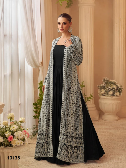 Aarshi Fashions Heavy Silks Black Long Top With Silk Shrug