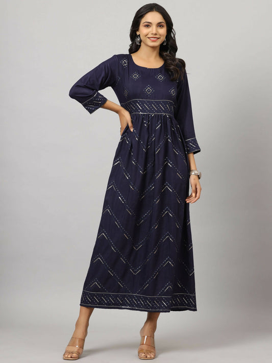 Juniper Women's Navy Festive Printed Flared Dress