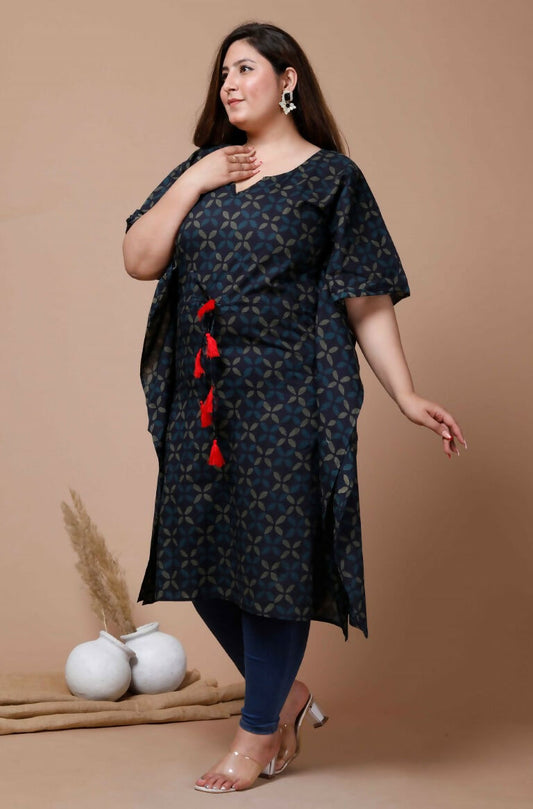 Miravan Women's Plus Size Navy Blue Printed Flared Sleeves Kaftan