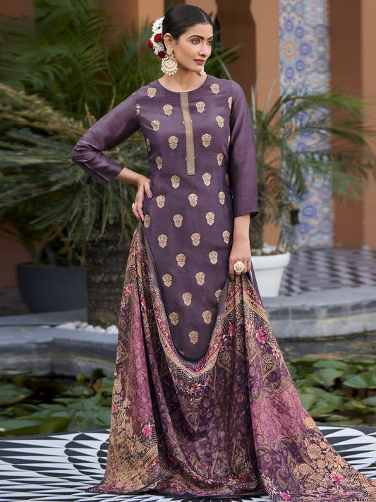 Aastha Fashion Women's Purple Pure Silk Elegant Jacquard Woven Kurta with Trouser & Dupatta - Grab2buy