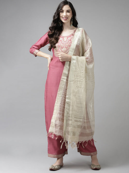 Indo Era Solid Pink Straight Kurta Palazzo With Dupatta Set