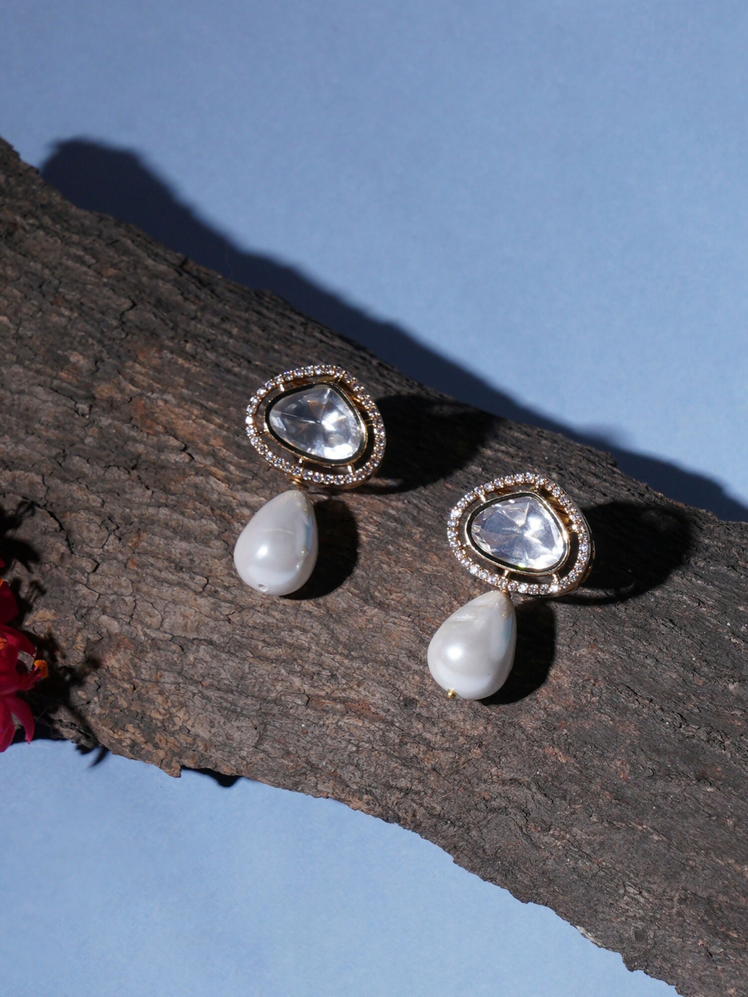 Kundan Studs with Pearl Drop (Gold) - Ruby Raang - Grab2buy