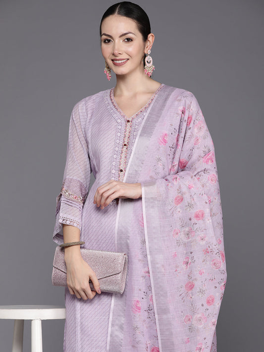 Indo Era Lavender Embroidered Straight Kurta Trousers With Dupatta Set