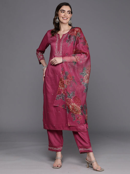 Indo Era Pink Embroidered Straight Kurta Trousers With Dupatta Set