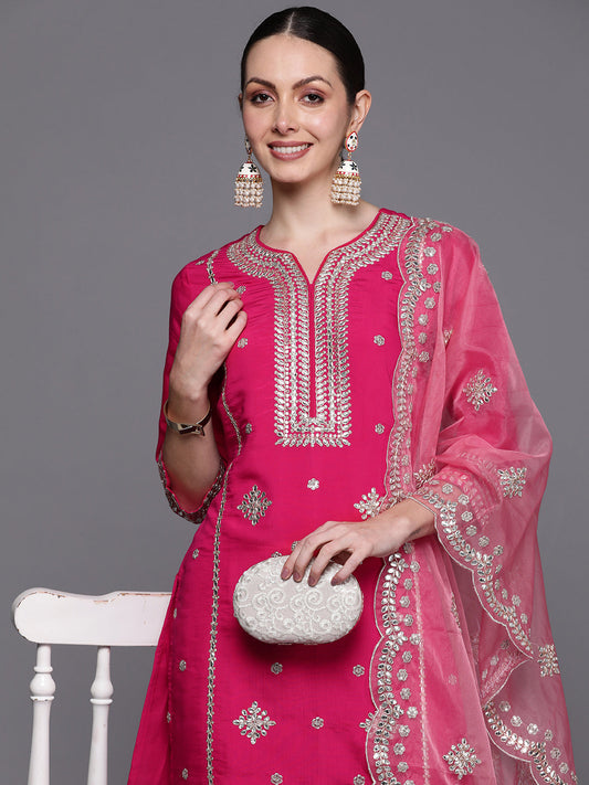 Indo Era Pink Embroidered Straight Kurta Trousers With Dupatta Set