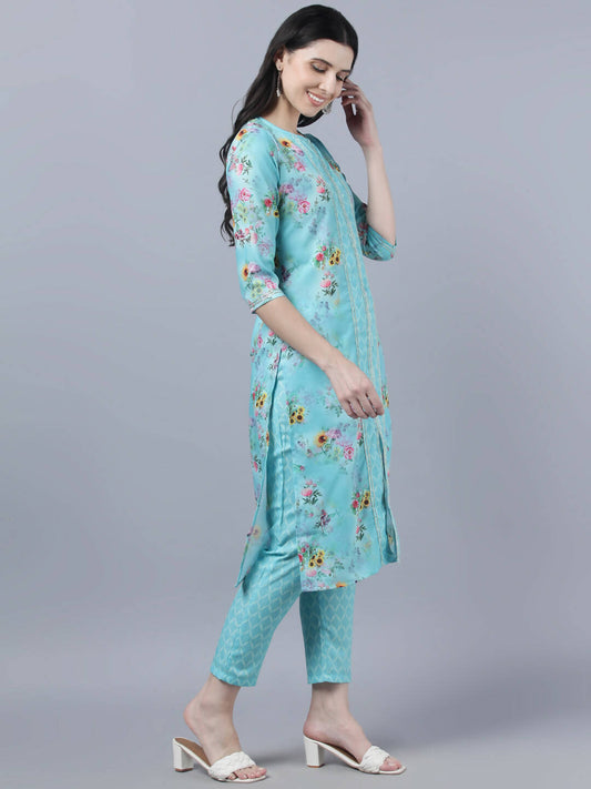 Myshka Women Blue Yellow Printed Kurta with Trousers