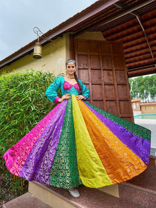 Prazu Fashion Multi Color Gold-Toned Viscose Weaving Navaratri Gown
