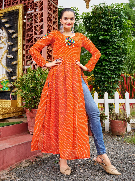 Prazu Fashion Fanta Georgette Bandhani Print Work With Kutchi Patch-Work Navaratri Kurti