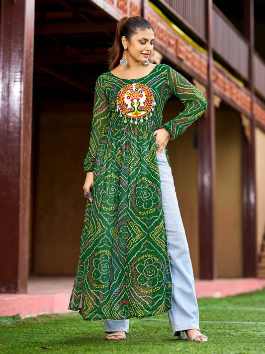 Prazu Fashion Green Georgette Bandhani Print Work With Kutchi Patch-Work Navaratri Kurti