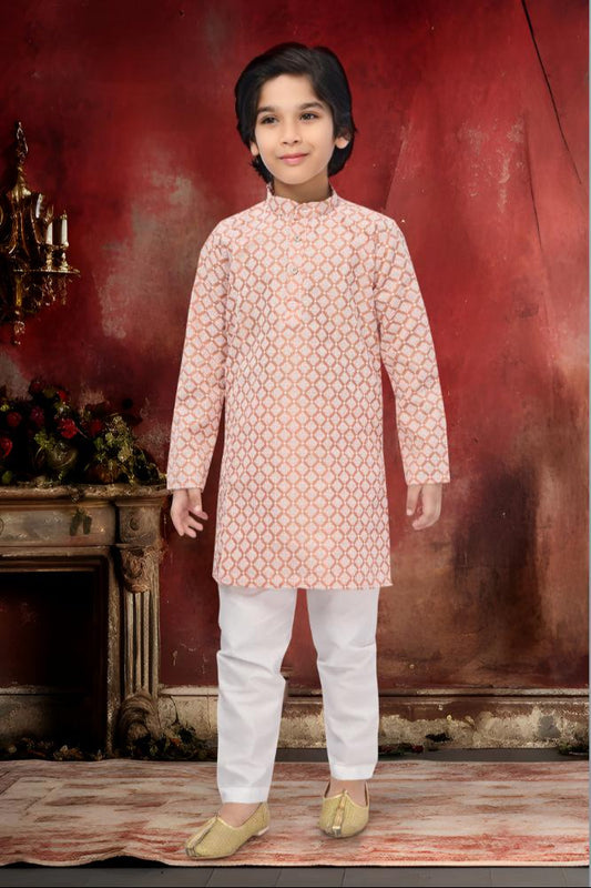 Neera Trendz Peach Cotton Thread Embroidery Kid's Kurta Pajama