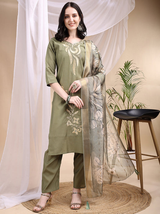 Embroidered Kurta With Pant & Printed Dupatta, Olive - Hiral Fashion