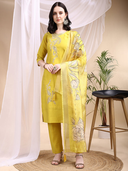 Embroidered Kurta With Pant & Printed Dupatta, Yellow - Hiral Fashion