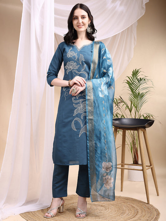 Embroidered Kurta With Pant & Printed Dupatta, Blue - Hiral Fashion