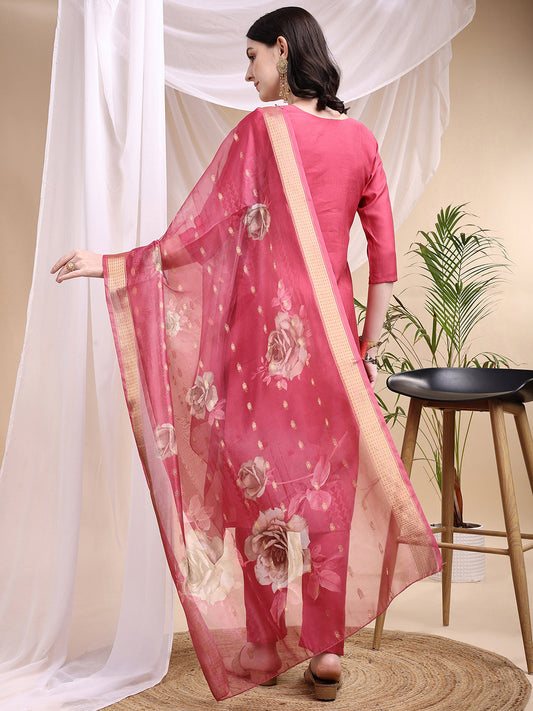 Embroidered Kurta With Pant & Printed Dupatta, Pink - Hiral Fashion