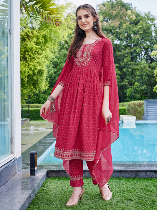 Embroidered Kurta With Pant And Dupatta Set, Multicolor - Hiral Fashion