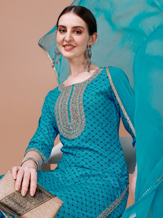 Printed & Embroidered Kurta With Pant And Dupatta Set, Multicolor - Hiral Fashion