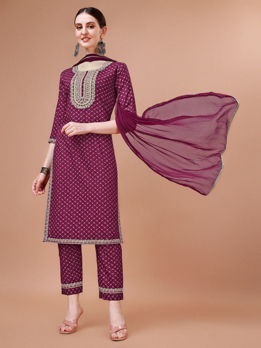 Printed & Embroidered Kurta With Pant And Dupatta Set, Multicolor - Hiral Fashion