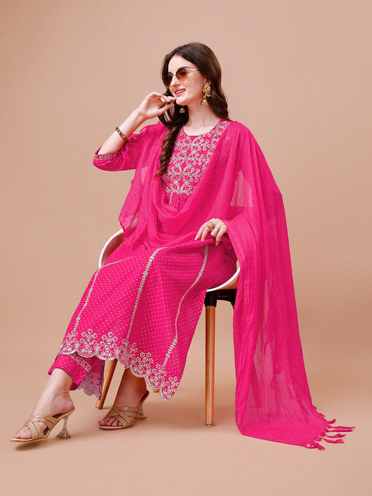 Nyra Cut Embroidered Rayon Kurta With Pant & Dupatta, Multicolor - Hiral Fashion