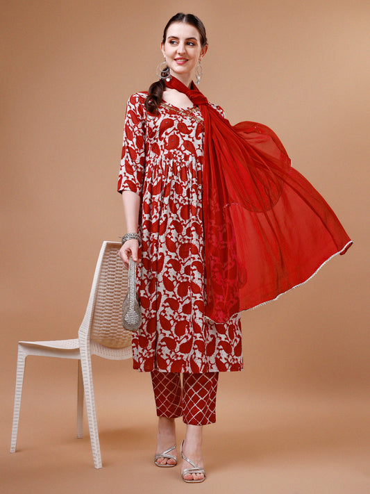 Embroidered Angrakha Style Printed & Flared Anarkali Kurta With Pant & Dupatta Set, Multicolor - Hiral Fashion
