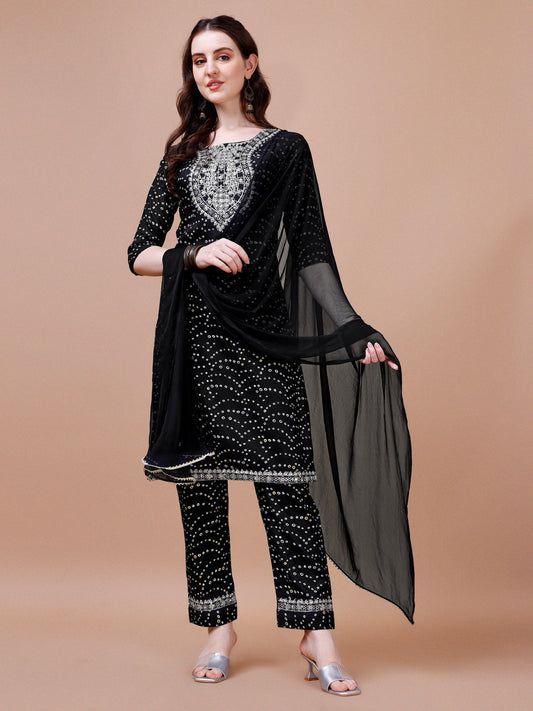 Embroidered & Bandhani Printed Kurta With Pant & Dupatta, Multicolor - Hiral Fashion