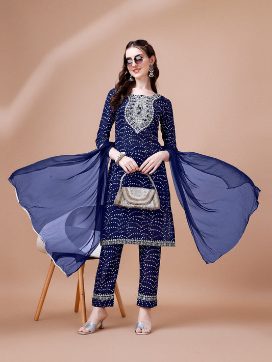Embroidered & Bandhani Printed Kurta With Pant & Dupatta, Multicolor - Hiral Fashion