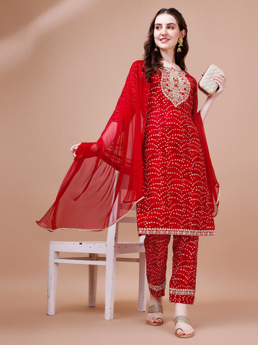 Embroidered & Bandhani Printed Kurta With Pant & Dupatta, Multicolor - Hiral Fashion