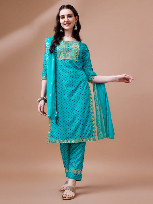 Embroidered & Quirky Printed Kurta With Pant & Dupatta, Multicolor - Hiral Fashion