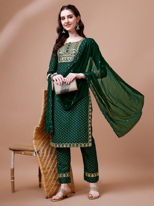 Embroidered & Quirky Printed Kurta With Pant & Dupatta, Multicolor - Hiral Fashion