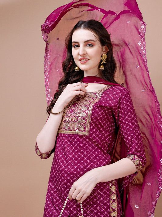 Embroidered & Quirky Printed Kurta With Pant & Dupatta, Multicolor - Hiral Fashion