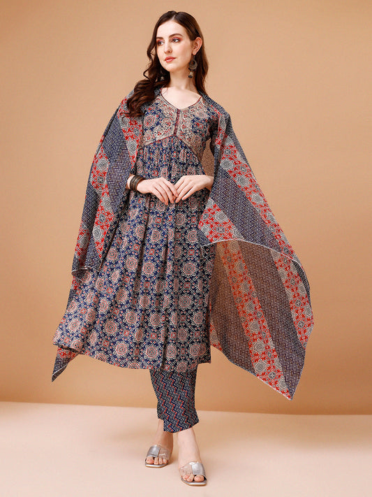 Alia Cut Embroidered & Printed Kurta With Pant & Dupatta, Multicolor - Hiral Fashion