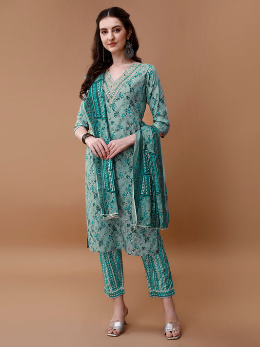 Embroidered And Floral Printed Kurta With Pant & Dupatta, Multicolor - Hiral Fashion