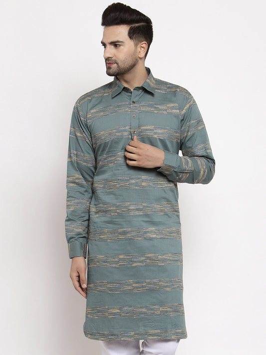 Jompers Men Green & White Woven Design Kurta Only