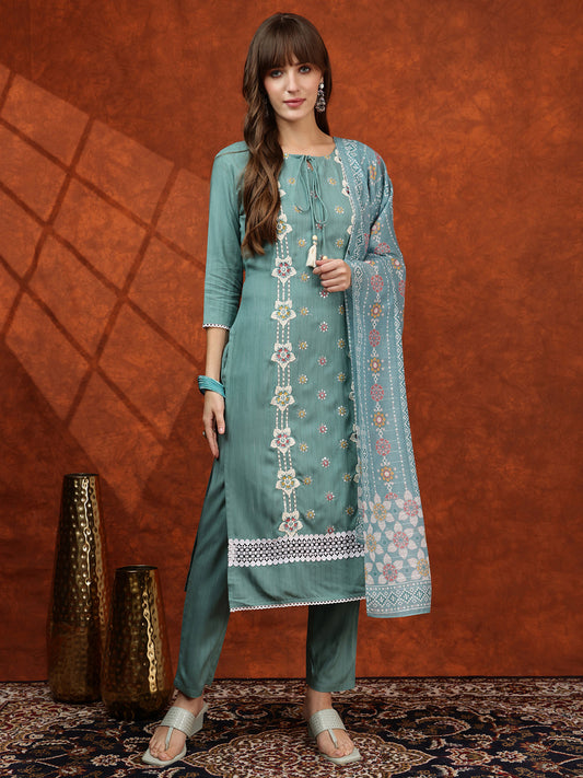 Floral Embroidered Tie Up Neck Kurta With Pant & Dupatta, Turquoise - Hiral Fashion