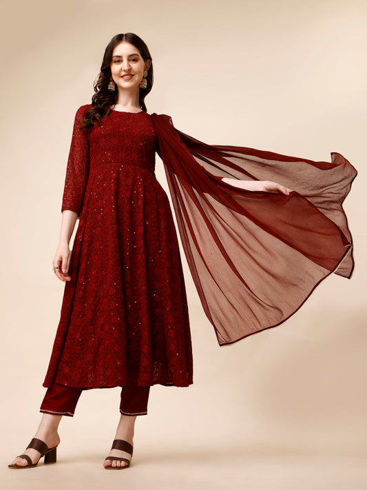 Schiffly Embroidered Flared Kurta With Pant & Dupatta, Maroon - Hiral Fashion