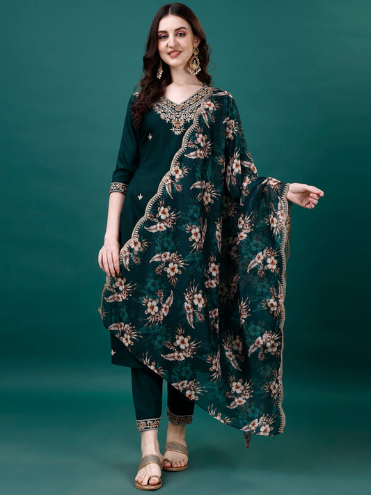 Embroidered Kurta With Pant & Embroidered & Printed Dupatta, Multicolor - Hiral Fashion