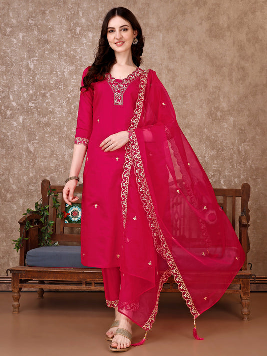 Embroidered Kurta With Pant & Embroidered Dupatta, Pink - Hiral Fashion