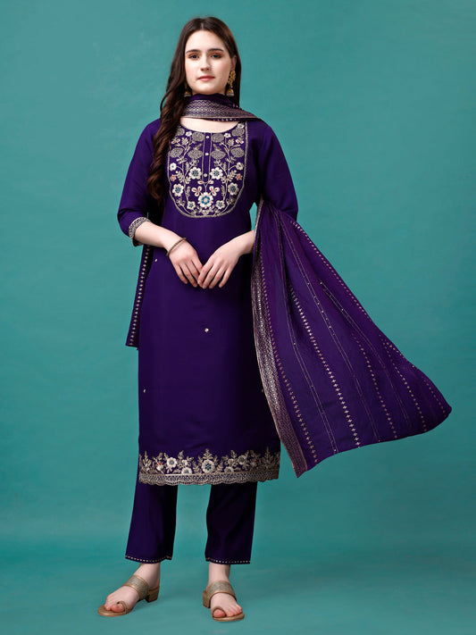 Embroidered Kurta With Pant & Sequined Dupatta, Multicolor - Hiral Fashion