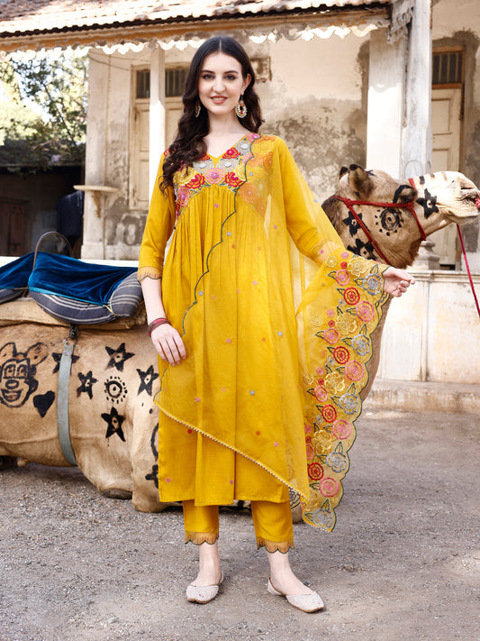 Alia Cut Hand Embroidered & Floral Embroidered Kurta With Pant & Organza Embroidered Dupatta Luxury Premium, Mustard - Hiral Fashion