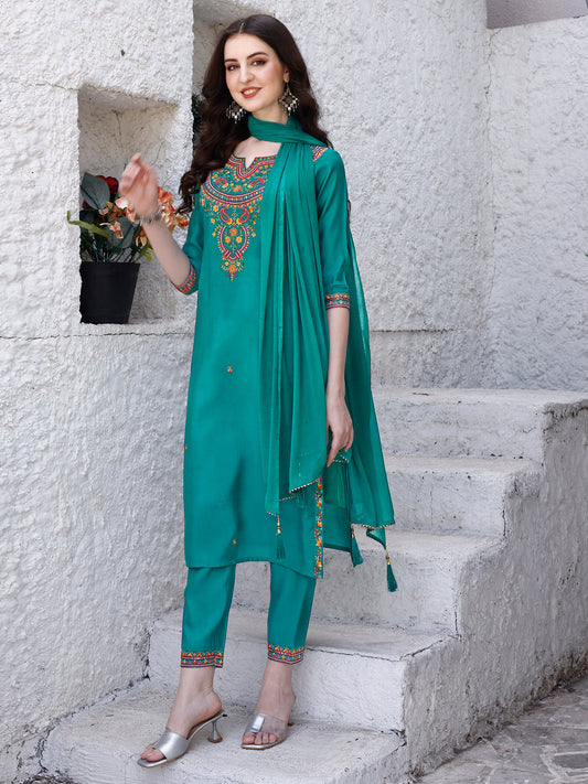 Embroidered Kurta With Pant & Dupatta, Green - Hiral Fashion