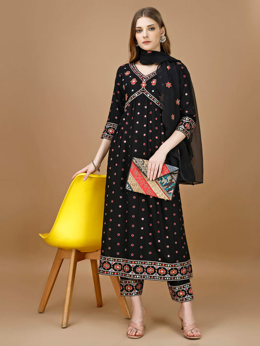 Alia Cut Mirror Embroidered Kurta With Embroidered Pant & Dupatta, Black - Hiral Fashion