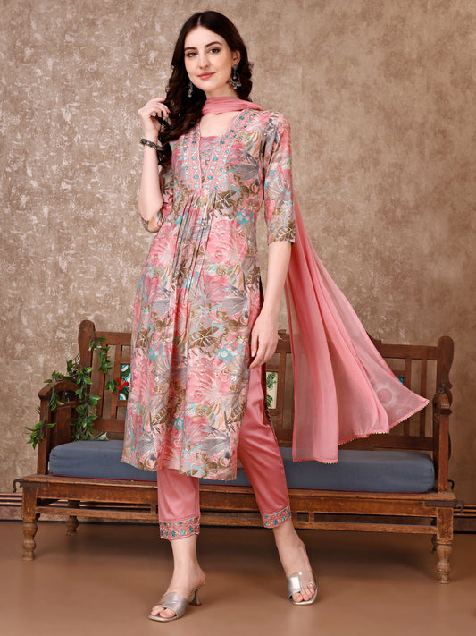 Embroidered & Floral Printed Kurta With Pant & Dupatta Premium Luxury, Multicolor - Hiral Fashion