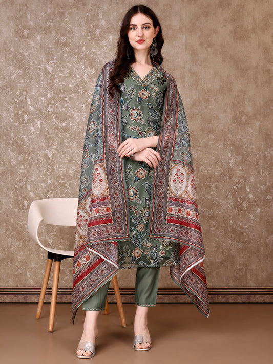 Hand Embroidered & Brasso Kurta With Pant & Organza Printed Dupatta, Green - Hiral Fashion