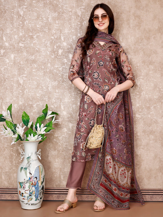 Hand Embroidered & Brasso Kurta With Pant & Organza Printed Dupatta, Purple - Hiral Fashion