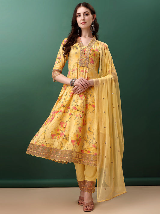 Embroidered & Floral Printed Flared Kurta With Pant & Dupatta, Yellow - Hiral Fashion