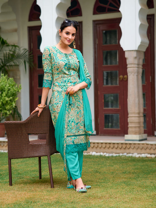 Embroidered & Floral Printed Kurta With Pant & Dupatta, Blue - Hiral Fashion