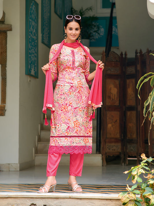 Embroidered & Floral Printed Kurta With Pant & Dupatta, Pink - Hiral Fashion