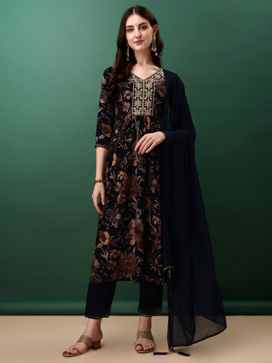 Flared Embroidered & Floral Printed Kurta With Pant & Dupatta, Navy Blue - Hiral Fashion