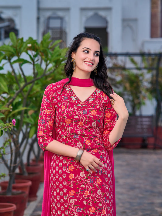 Mirror Embroidery & Floral Printed Kurta With Pant & Dupatta, Pink - Hiral Fashion