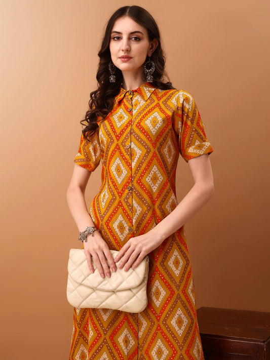 Printed Rayon Front Buttoned Collared Co-Ords Set, Mustard - Hiral Fashion