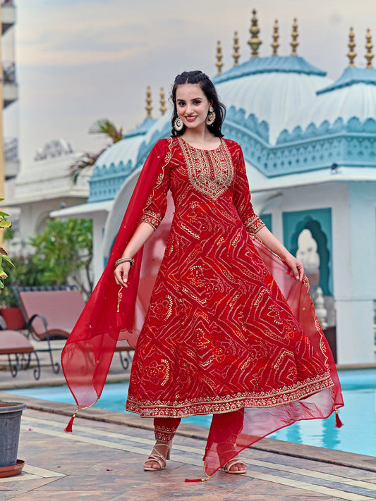 Embroidered & Bandhani Printed Flared Kurta With Pant & Printed Dupatta, Red - Hiral Fashion